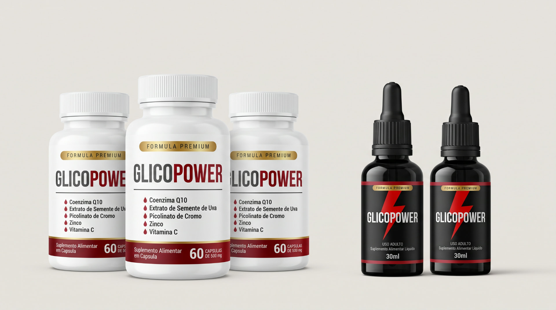 Kit Glico Power 5 meses: 3 potes de cápsula + 2 frascos de gotas